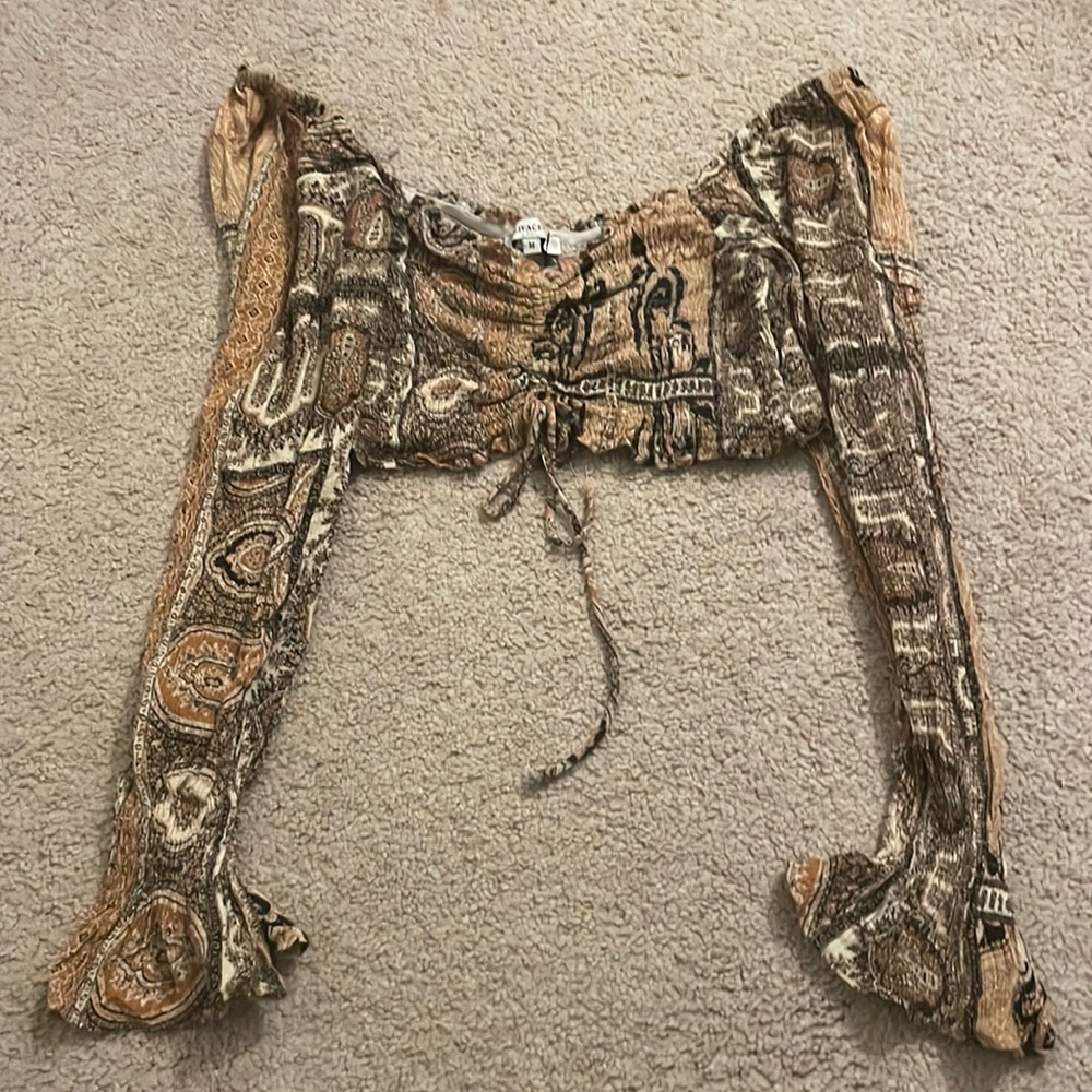 Paisley Bell-Sleeve Crop Top with Subtle Gold Detailing